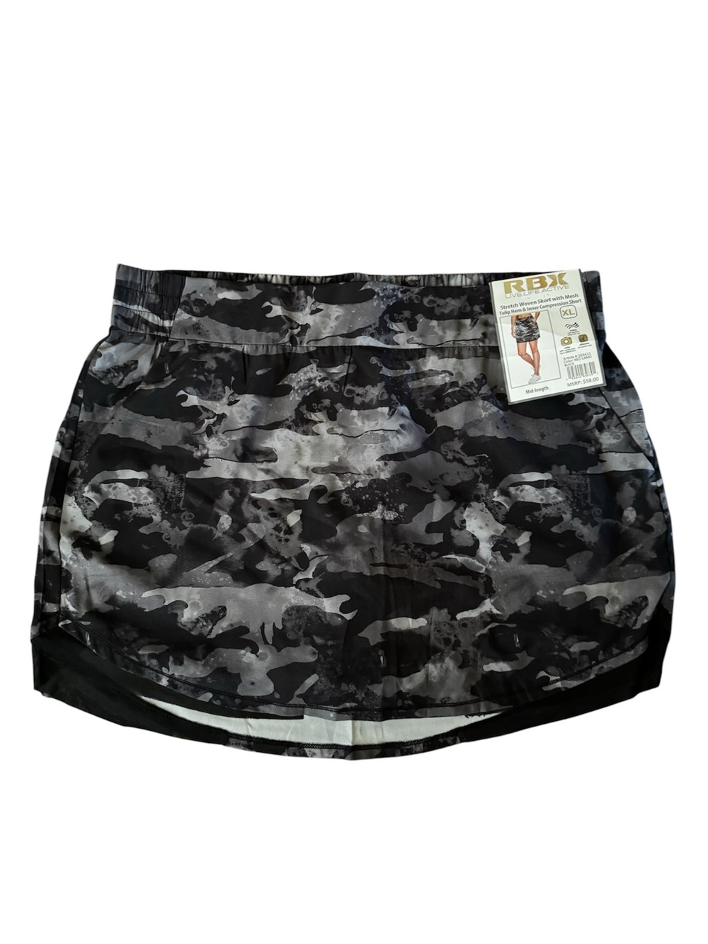 RBX Women’s Black Gray Camo Athletic Skort, SZ XL, mid length NWT